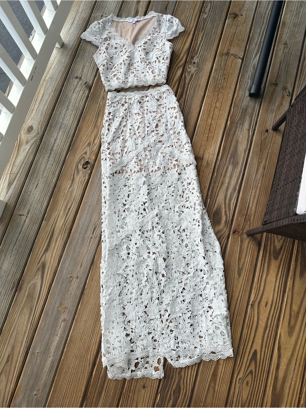 Lulu’s White Crochet Maxi Dress with Nude Lining and Crop Bodice